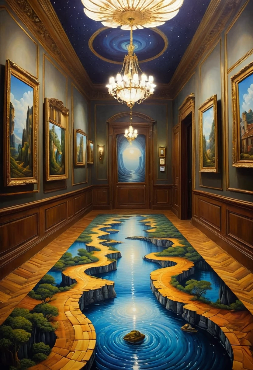 Optical illusion art,Three-dimensional paintings on the hall floor,Three-dimensional artwork,Surrealism,impeccably detailed,