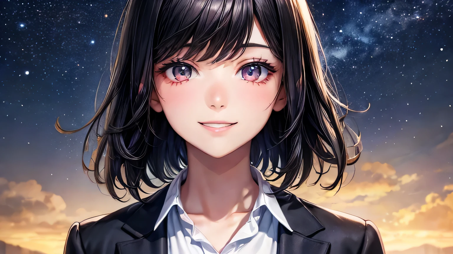 woman 1 person High school girls Black Hair Short Hair blazer A big smile High quality, high definition and detailed facial expressions High quality, high definition and delicate hair High quality, high resolution and delicate eyes Night Sky Starry Sky