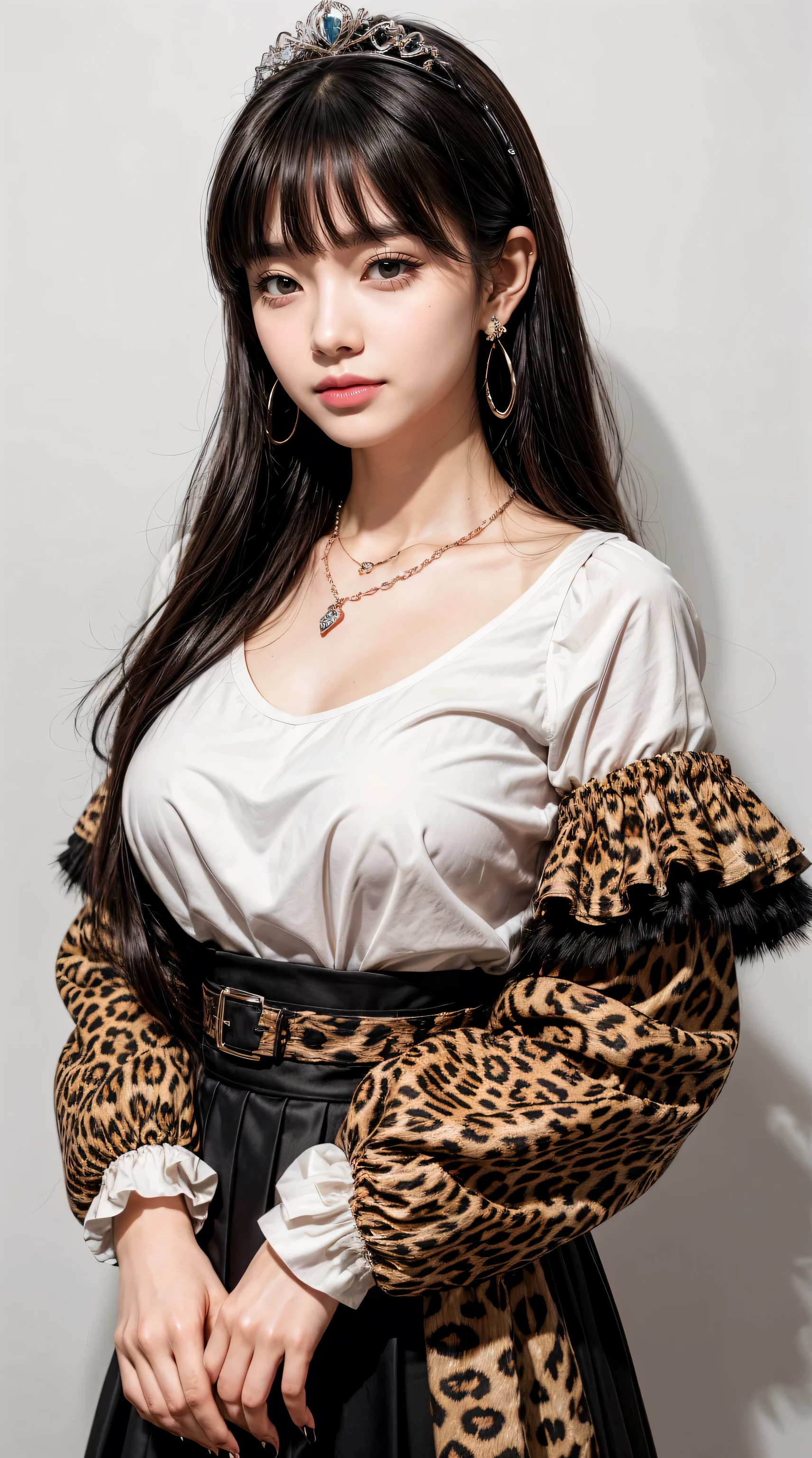 Pure Fuyuko, 1 Girl, Solitary, Black Hair, have, jewelry, Long hair, Looking at the audience, Bangs, earrings, skirt, White background, Smile, shirt, Simple background, Heart earrings, Long sleeve, Heart, Black tiara, black shirt, frilled Necklace, breast, Brown eyes, Necklace, blunt Bangs, Upper Body, Berets, medium breast, brown skirt, decorate, Nail polish, ribbon, Red nails, Shut up, Animal print, blush, Ruffled sleeves, Leopard, neck ribbon, own hands