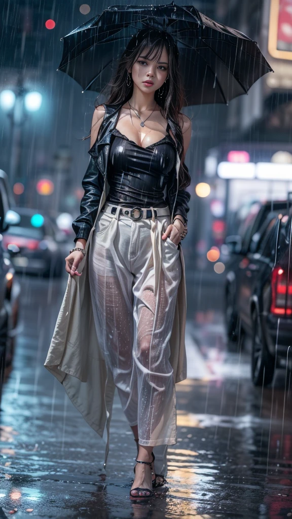 (RAW shooting:1.5, Photorealistic, 16k, highest quality, masterpiece, Ultra-high resolution), Perfect dynamic composition:1.2, (Modern city street corner at night, Expressions of sadness:0.7), ((Typhoon heavy rain)), Highly detailed skin and facial textures:1.2, A slim high school girl wet with rain:1.2, Fair skin, Sexy beauty:1.0, Perfect Style:1.1, beautifully、aesthetic:1.0, Very beautiful face:1.1, Water droplets on the skin, (Rain dripping down on my body:1.1, Wet body:1.1, Wet Hair:1.2), (Wet linen pants:1.1, Wet sleeveless blouse:1.2), Woven Belt, (Shapely breasts, Chest gap), (Big eyes that exude beautiful eroticism, Lips that exude beautiful eroticism), (Too erotic, Fascinating), Full body portrait, Shoulder bag, necklace, Earrings, bracelet, clock, ribbon