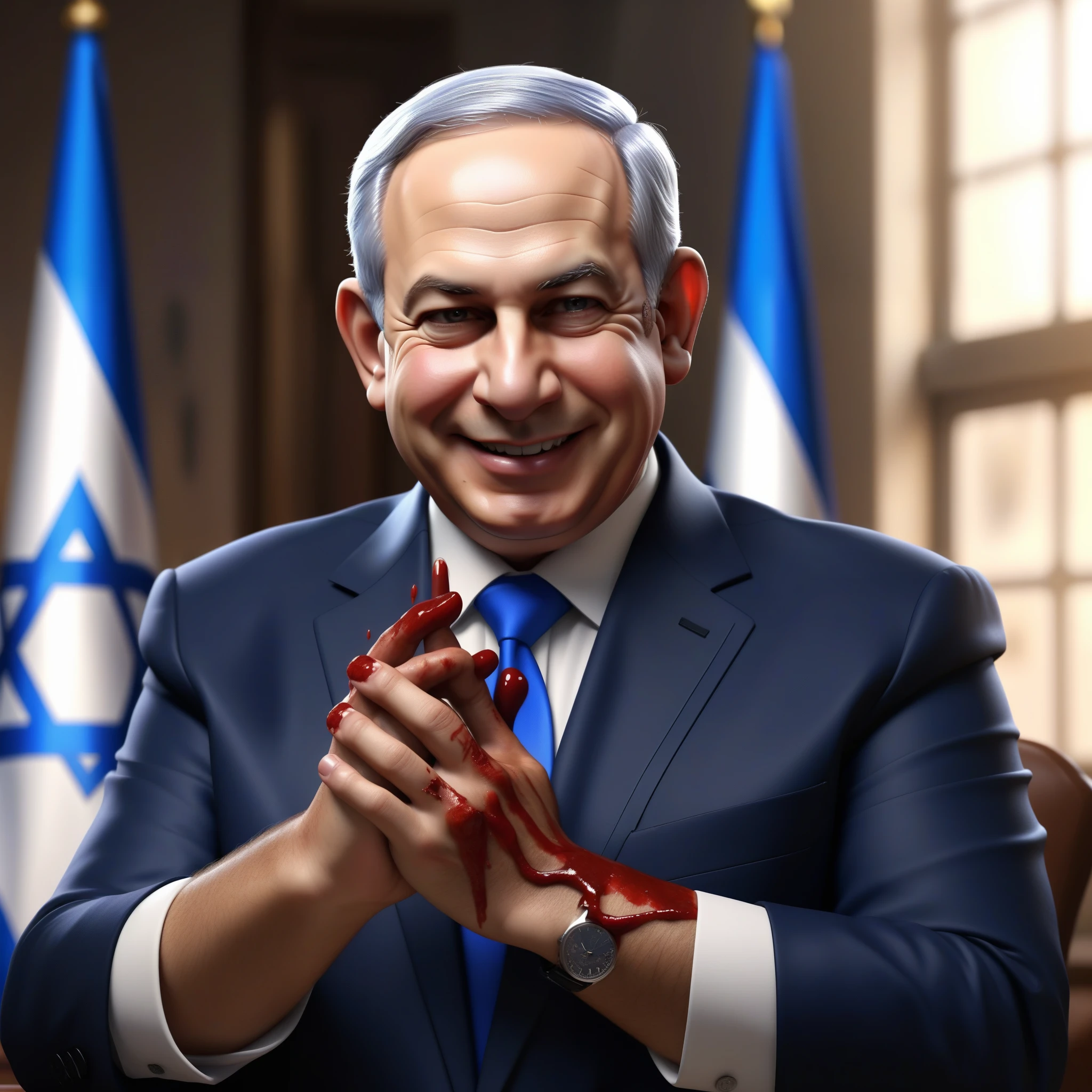 (masterpiece:1.2) (photorealistic:1.2) (bokeh) (best quality) (detailed skin) (intricate details) (8k) (high poly) (ray tracing) (cinematic lighting) (sharp focus),( full body:1.2),  (half body:1.2) The truth of clean smiling Benjamin Netanyahu (trying to wipe blood from his hands:1.4), (malevolence:1.2) Israel flags