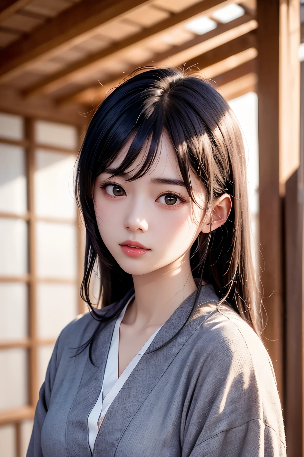 (1 nogizaka girl,raw photo,photo realistic:1.5),(best quality, high quality,HDR, highest quality,ultra high resolution,high resolution,high res,ultra high difinition,huge file size,8K,2K wallpaper,8K wallpaper,high quality texture,amazing,an extremely delicate:1.4),one girl, Japanese famous idol,beautiful face,small face,absurd,ridiculous,incredibly ridiculous,portrait,breasts close up,blurry background,(kimono,cleavage,no makeup:1.2),medium skin,beautiful skin,detailed skin,small head,black hair,silky hair,(Japanese eyes,almond eyes:1.5),detailed eyes,black eyes,Japanese idol eyes,Japanese nose,5-fingers,(eyebrow:-0.5),(Light Particles, Lens Flare, Luminous Particles: 0.7),looking at viewer,bright lighting,professional lighting,girl