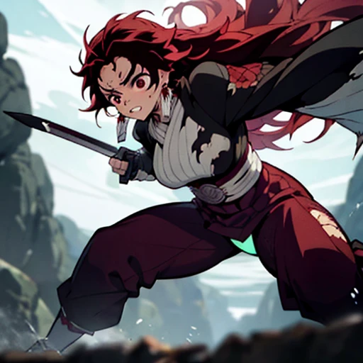(best quality,4k,8k,highres,masterpiece:1.2),anime style,Kamado Douko from Demon Slayer,fiery red hair,intense gaze,traditional demon-slaying attire,slight sweat on brow,long sword slung over shoulder,ready for action,echoing roar of demon in background,girl stands boldly with determined expression,intense and focused eyes,tip of tongue peeks out from lips,dim light flickering against scarlet hair,fiery glow,demon's eyes meet hers,battle fueled by adrenaline,danger,and valor.Enlarge your breasts and buttocks!Full body depiction! Long hair, more sexy！More erotic！Torn clothes　Make your ass bigger　Long hair