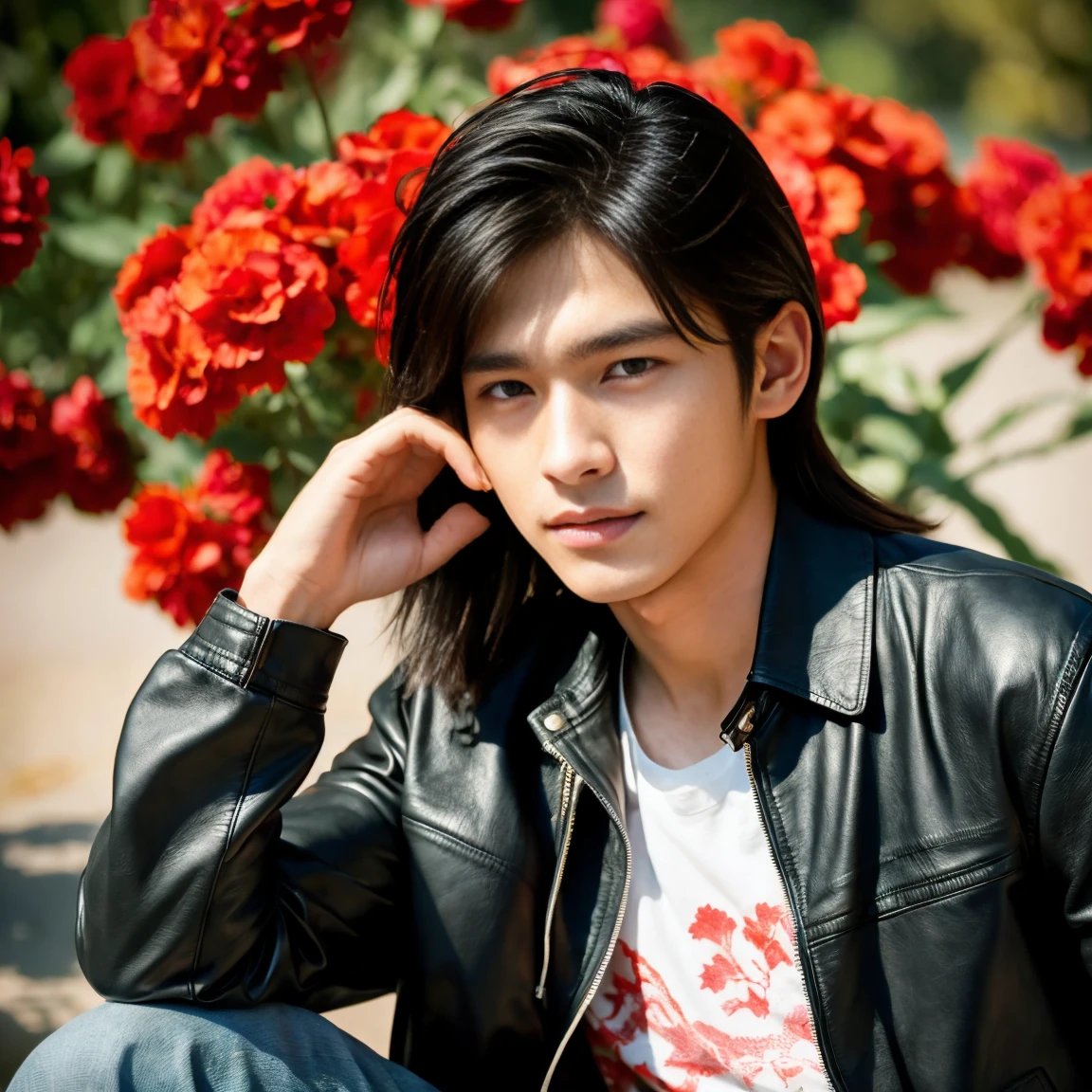 Young Asian man, 25 years old, His long hair flowed up.,) Bright black, red, dark green leather jacket.,) very handsome,) ,Jeans) Album cover image by There are red flowers around.,) best quality, 10, height:1.2), 8K Special Details, (realistic:1.37), Portrait, Full body, Posing from different angles,, bright colors, Warm light, shot with a high quality camera 45,000,000,000,Pixels,