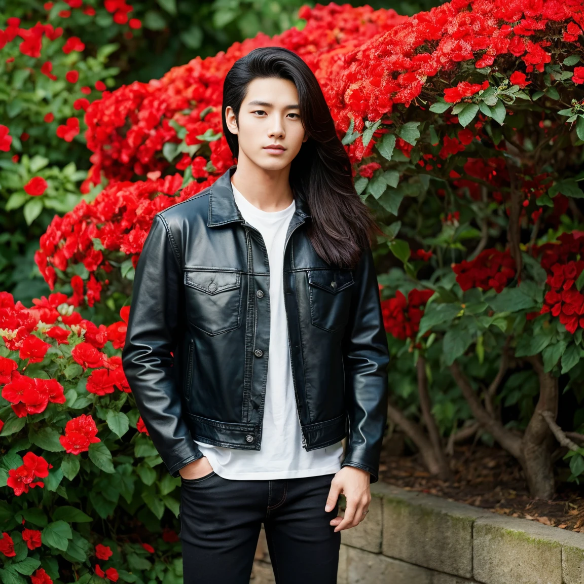 Young Asian man, 25 years old, His long hair flowed up.,) Bright black, red, dark green leather jacket.,) very handsome,) ,Jeans) Album cover image by There are red flowers around.,) best quality, 10, height:1.2), 8K Special Details, (realistic:1.37), Portrait, Full body, Posing from different angles,, bright colors, Warm light, shot with a high quality camera 45,000,000,000,Pixels,