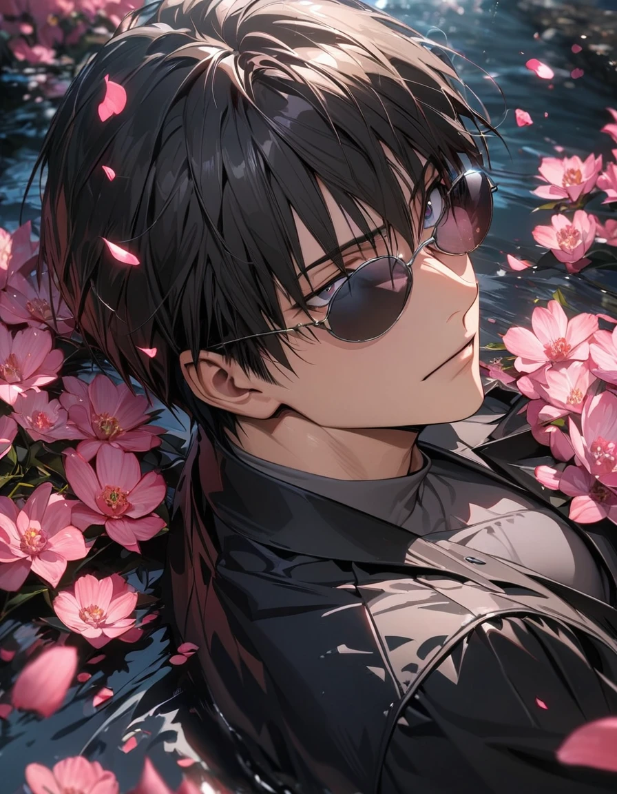 Ultra detailed, Highres, HDR, absurdres, Nicholas D Wolfwood, black straight hair with bangs, expressive silver eyes, Trigun, black sunglasses, ???? man, handsome, solo, extremely detailed face and eyes, petals, pink flowers, master piece, pink butterflies, best quality, high quality, black jacket, grey tight shirt, water