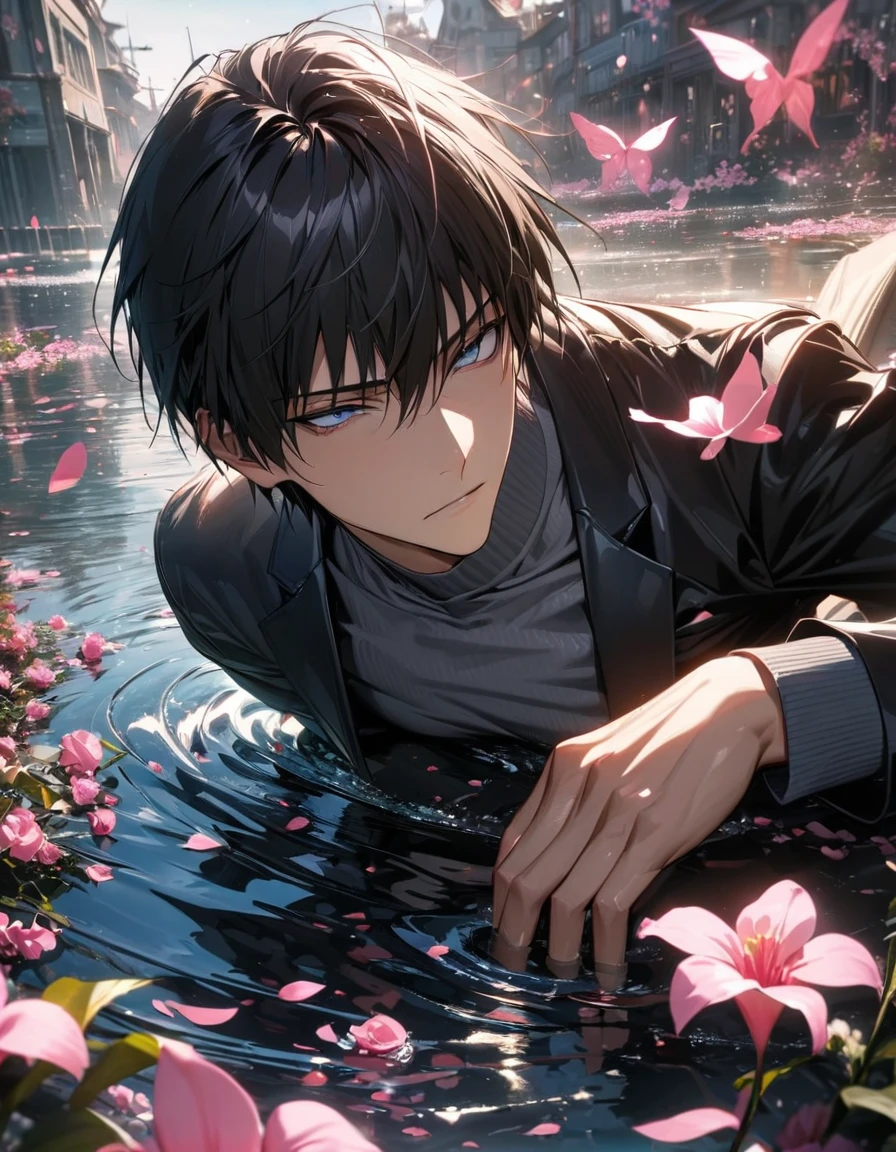 Ultra detailed, Highres, HDR, absurdres, Nicholas D Wolfwood, black straight hair with bangs, expressive silver eyes, Trigun, black sunglasses, sexy man, handsome, solo, extremely detailed face and eyes, petals, pink flowers, master piece, pink butterflies, best quality, high quality, black jacket, grey tight shirt, water