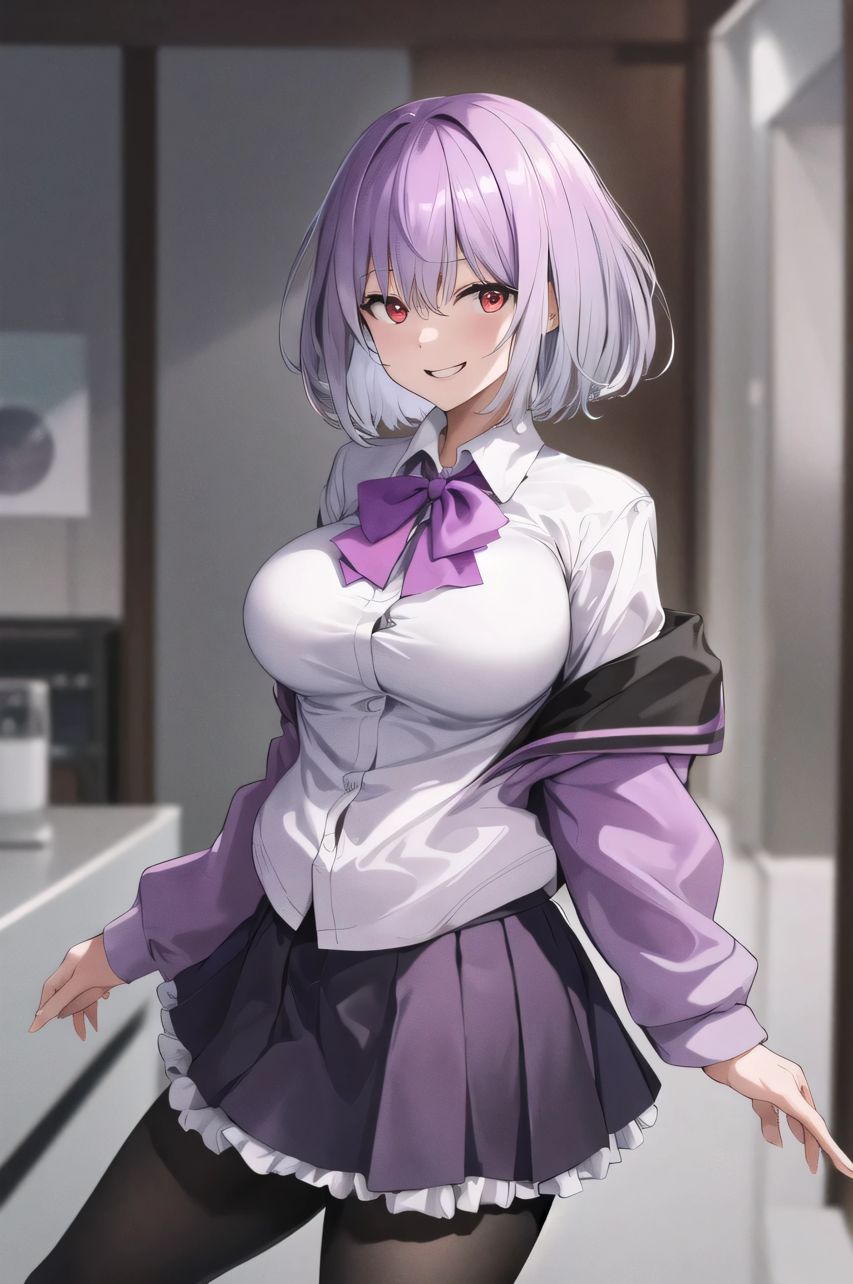 masterpiece, highest quality,best quakity, High resolution, Ah Akane, short hair, Red eyes, Large Breasts, Purple bow tie, Collared shirt, White shirt, Off the shoulder, Purple Jacket, Partially defrosted, Long sleeve, Sleeves are longer than the wrist, Pleated skirt, Black Skirt, pantyhose, Cowboy Shot, Are standing, evil smile,evil huge laugh,laugh at,(Best picture quality, 4K, 8K, High resolution, Masterpiece: 1.2), ultra detailed, Sinister Veil of Shadows,black and dark aura background,black light,
