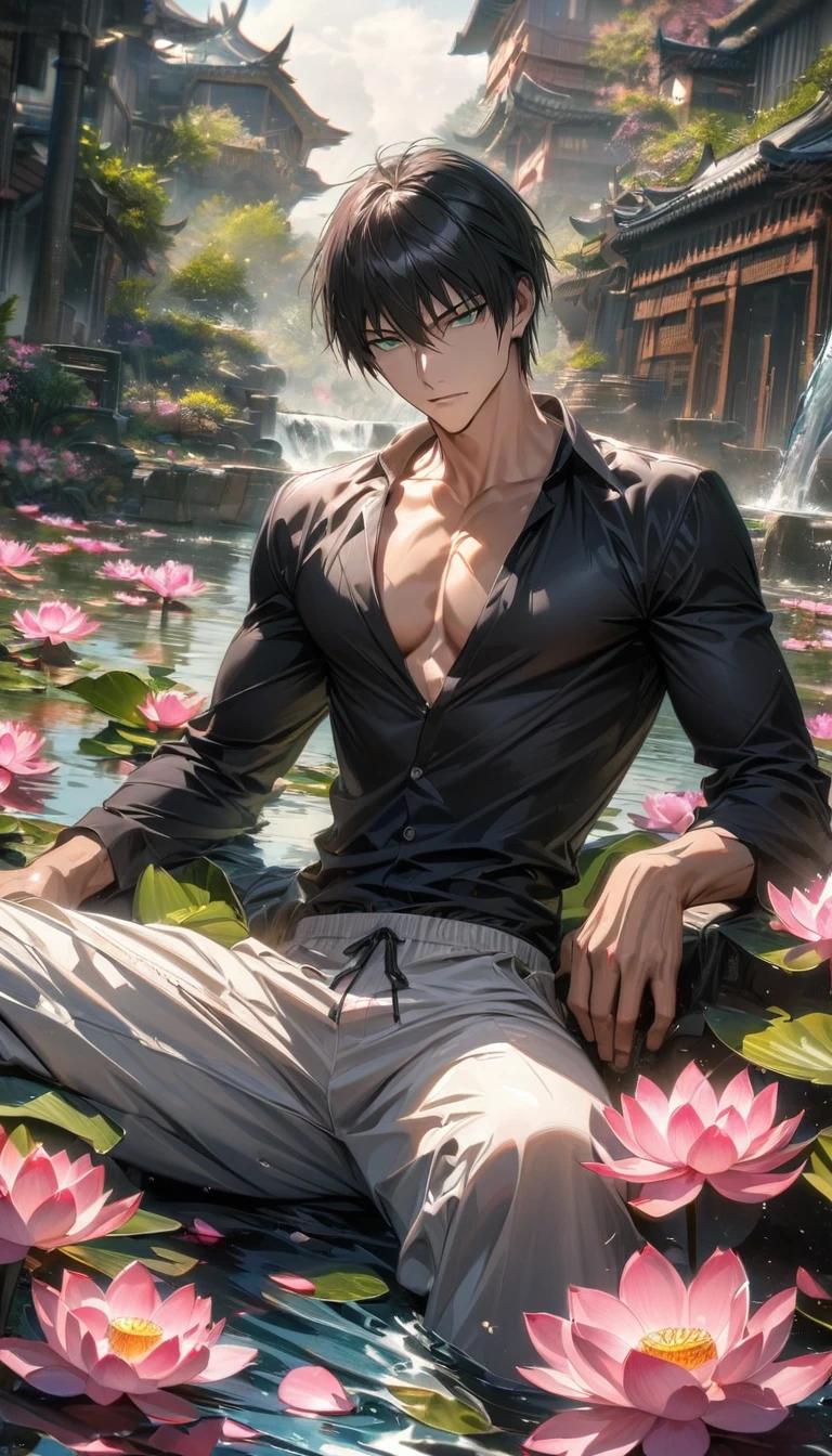 absurdres, highres, ultra detailed, HDR, master piece, detailed picture, extremely detailed face and eyes, Nicholas D. Wolfwood, black straight hair with bangs, expressive green eyes, Trigun, sexy man, handsome, toned chest, black tight shirt, white baggy pants, water, pink lotus, petals, spring