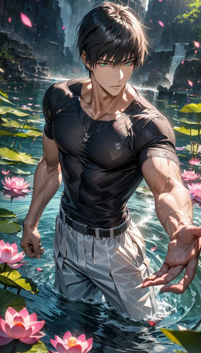 absurdres, highres, ultra detailed, HDR, master piece, detailed picture, extremely detailed face and eyes, Nicholas D. Wolfwood, black straight hair with bangs, expressive green eyes, Trigun, sexy man, handsome, toned chest, black tight shirt, white baggy pants, water, pink lotus, petals, spring