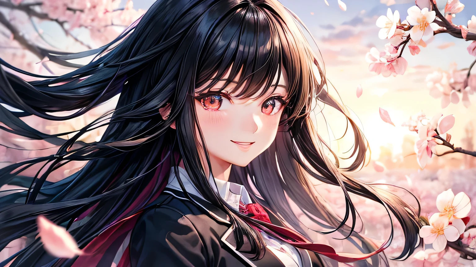 woman 1 person High school girls Black Hair Long Hair blazer A big smile High quality, high definition and detailed facial expressions High quality, high definition and delicate hair High quality, high resolution and delicate eyes Cherry Blossoms at Night