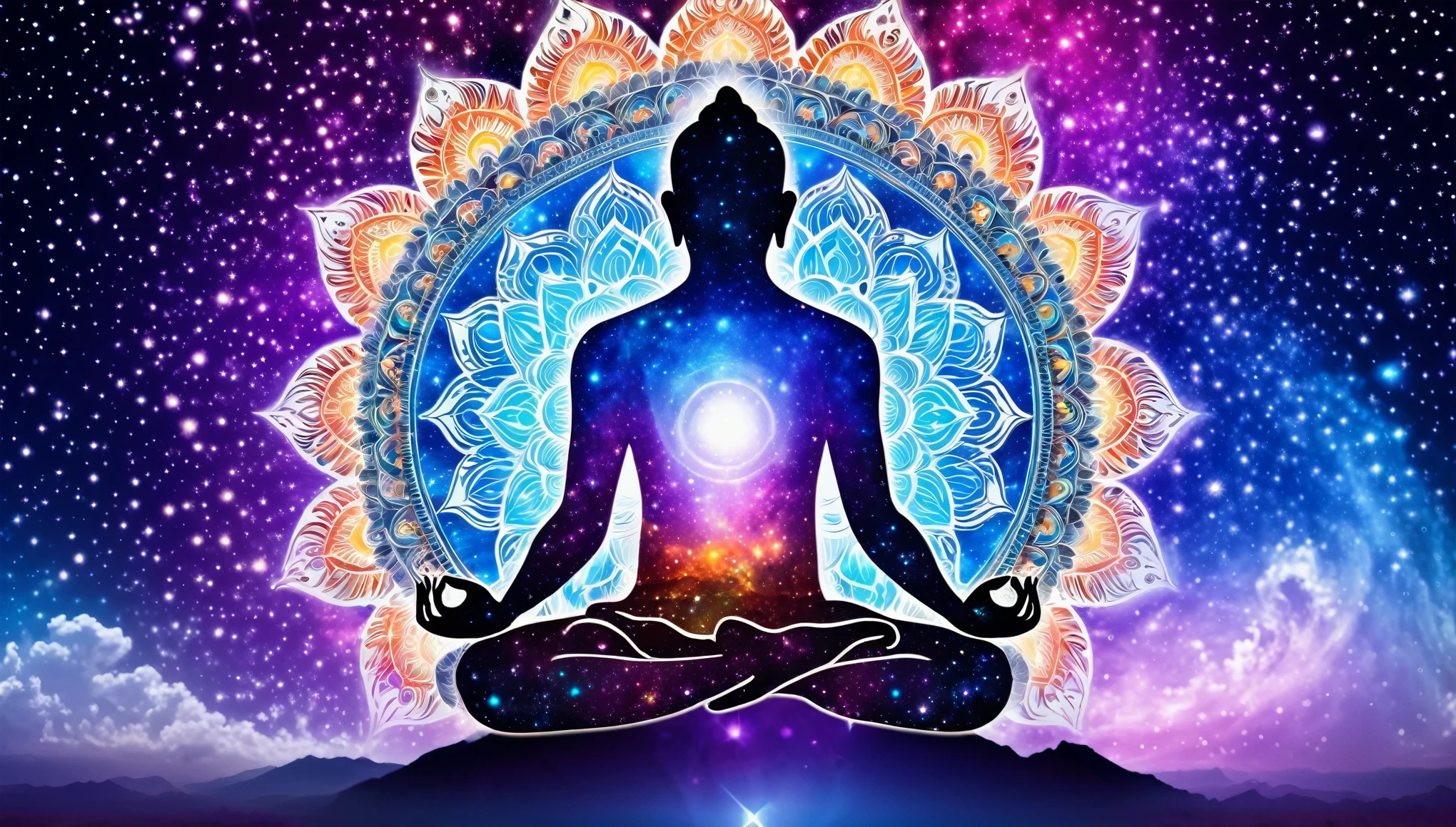 a man meditating with his legs crossed, his hands in cosmic Buddha mudra, he meditates on the vast universe with mandalas, your transparent skin is the same as the universe, universe vibrant celestial colors, very
spiritual,