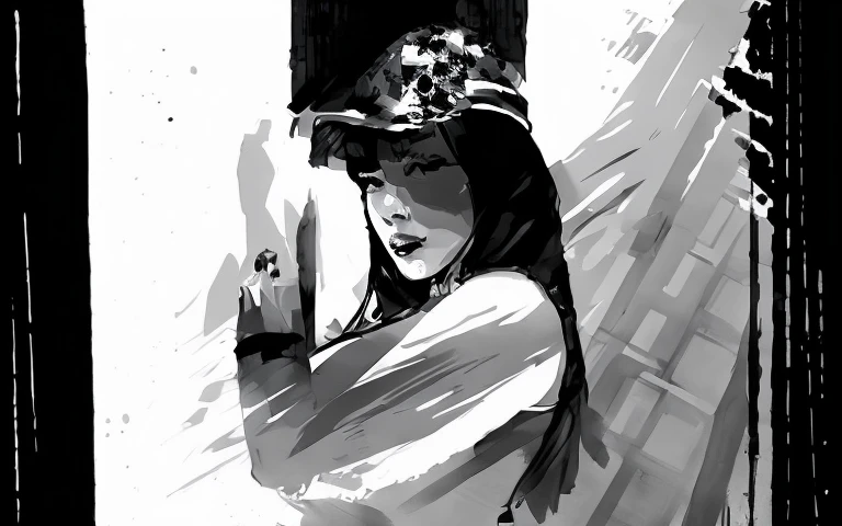 painting of a woman dressed in black, lois van rossdraws, inspired by yoji shinkawa, beautiful expressive painting, black ink painting, by Shen Zhou, rossdraws 1. 0, fully clothed. Sexy black and white watercolor painting, Yoji Shinkawa style ink painting