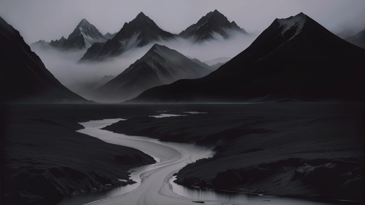 style of Stephen Gammell, watercolors, black and white, swamp, dripping, mountains, valley, tundra, wind