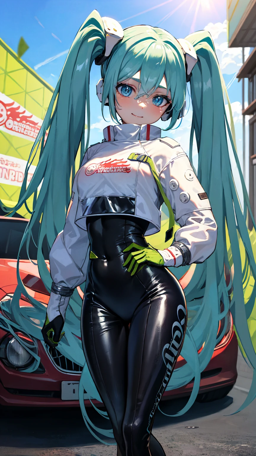Cute pose, (masterpiece, highest quality), Backlight, Lens flare, Wide Shot, Fisheye Lens , (Face Focus, Depth of written boundary, close: 1.5), Super Detail, figure, colorful, (Fault Color: 1.3), (Immidshot: 1.3), video, Wide-angle, Upper Body, (((One girl))), (Are standing, Stand in front of the car:2), (1 set), NSX, miku hatsune, Spotless, Dark green hair, Twin tails, Very long hair, Put your arms behind your back, blue eyes, Glowing Eyes, Relaxed face, Eyebrow hair, Shiny Hair, Glowing Skin, A light smile, racing Miku, Big Breasts, Black bodysuit, Cropped jacket, White jacket, Long sleeve, Two-tone gloves, Thigh-high boots, bright, Beautiful detailed sky, city, street,