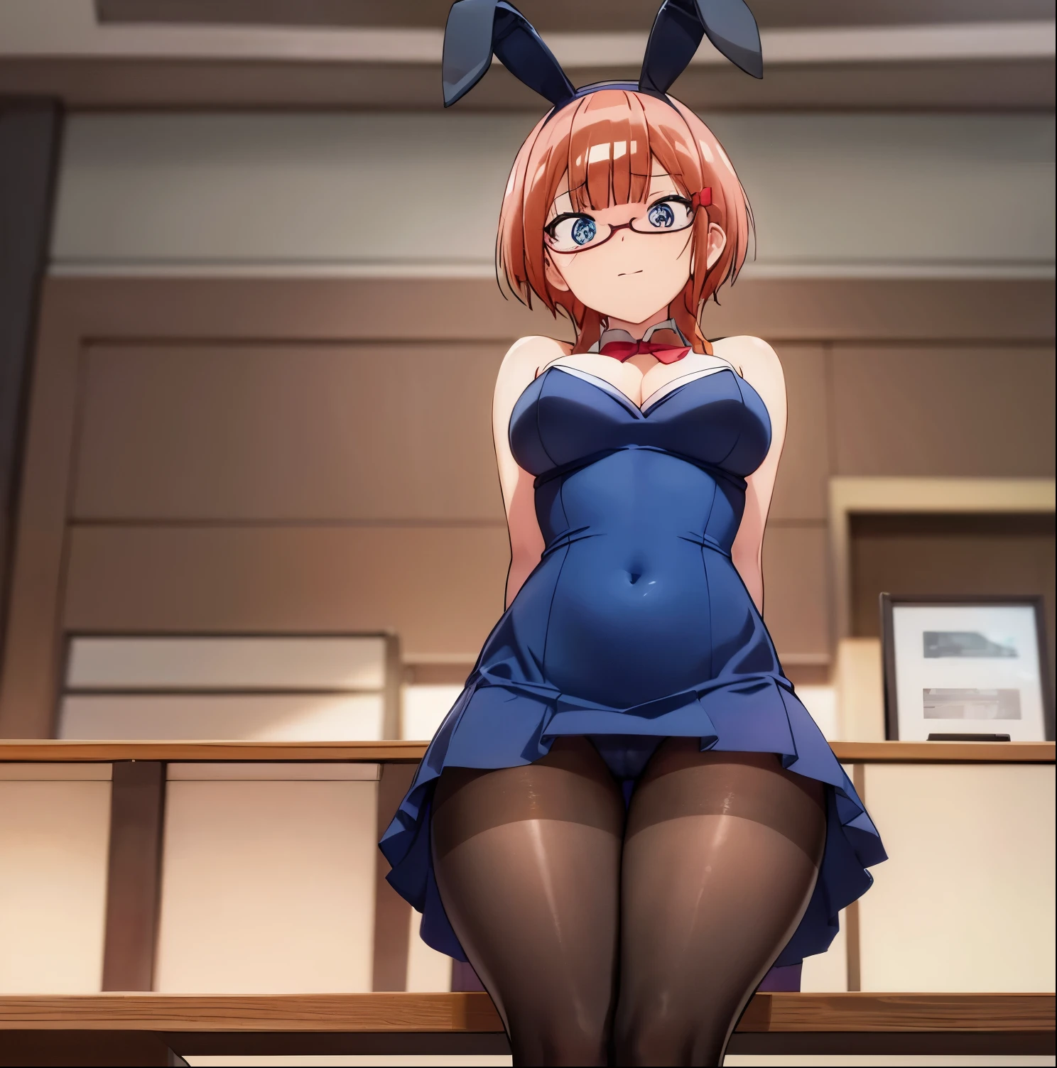 1girl, alone, rizu ogata, ((masterpiece)), ((Best quality)), (Ultra detailed), on the table, sitting, legs open, dark blue playboy bunny outfit, black pantyhose, blue headband, ears bunny girl, red heels ((nice eyes)), 1 girl in the library, good lighting, embarrassed, seductive, blue eyes, no glasses, long hair, orange hair, ((nice eyes)), smile, big breasts, medium waist , wide hips medium thighs, good anatomy, good hands, hands on hips, arms crossed, interior, bookstore, facing the viewer, facing the viewer, point of view (from below), round butt, curvy body, hands perfect, perfect anatomy.