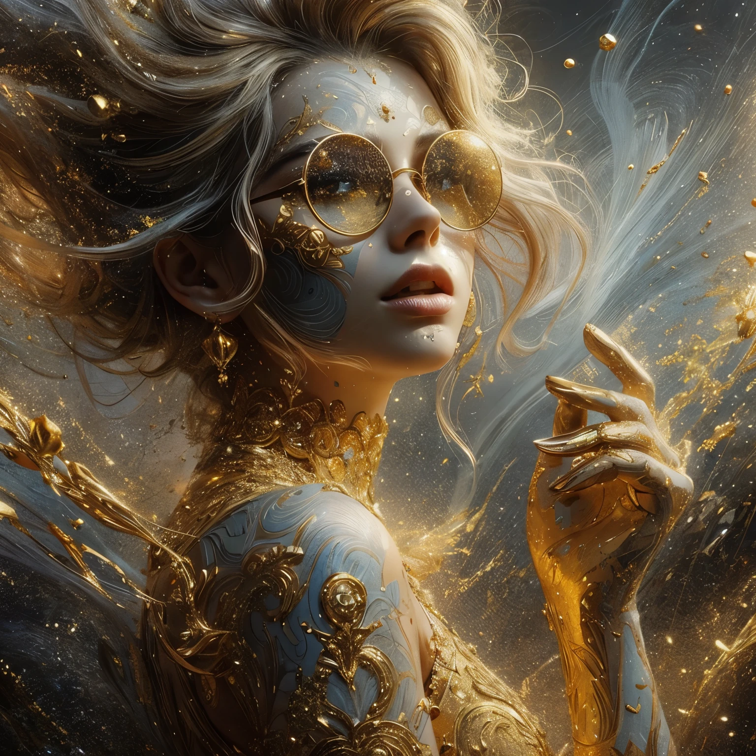 close full body shot face beautiful female face half encrusted with cracked gold leaf, Billie Eilish, dynamic standing shot, gold splattered paint, gold paint, dewy, steamy, gold lace, painted gold, an oil painting, a masterpiece, hi res, 8 k, art by Tavita Niko, art by Vallejo, art by Klimt , Leonardo Style, close up, ball glasses, impressions of love, want,