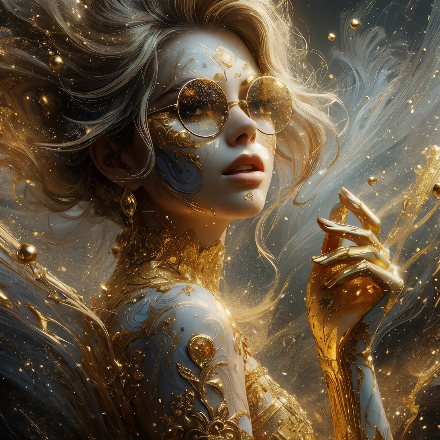 close full body shot face beautiful female face half encrusted with cracked gold leaf, Billie Eilish, dynamic standing shot, gold splattered paint, gold paint, dewy, steamy, gold lace, painted gold, an oil painting, a masterpiece, hi res, 8 k, art by Tavita Niko, art by Vallejo, art by Klimt , Leonardo Style, close up, ball glasses, impressions of love, want,