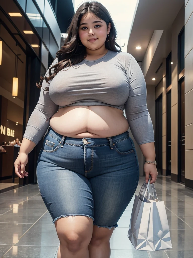 A really fat adorable cute obese young 17 year old fat girl which is 5 feet and 1 inch tall, with very kind feminine beautiful face, long curly beautiful hair, blue eyes, one whole huge bloated soft obese belly, very wide hips and obese wide thighs, huge fat booty, fat arms, huge , big breasts, smiling in a small tight jean skirt that doesnt cover her belly at all and also is wearing a gray crop top. Walking in a fancy mall while holding some bags