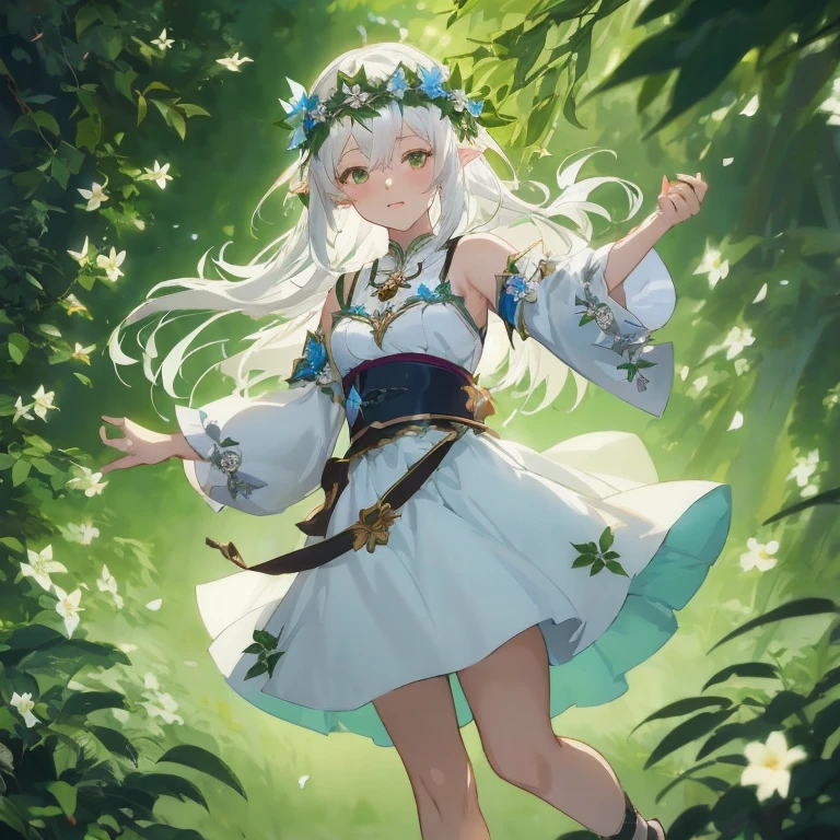 Anime girl in a white dress with a crown of flowers on her head, white haired god, guweiz on pixiv artstation, fey queen of the summer forest, cushart krenz key art feminine, guweiz on artstation pixiv, nature goddess, elf girl wearing an flower suit, Beautiful maiden, goddess of spring