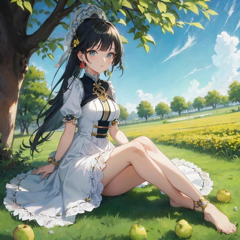 Anime girl sitting on the grass with an apple in front of her, Cute anime waifu in a nice dress, guweiz, artwork in the style of guweiz, guweiz on pixiv artstation, Smooth Anime CG Art, Beautiful anime girl, Anime visuals of cute girls, in dress, guweiz on artstation pixiv, Official art