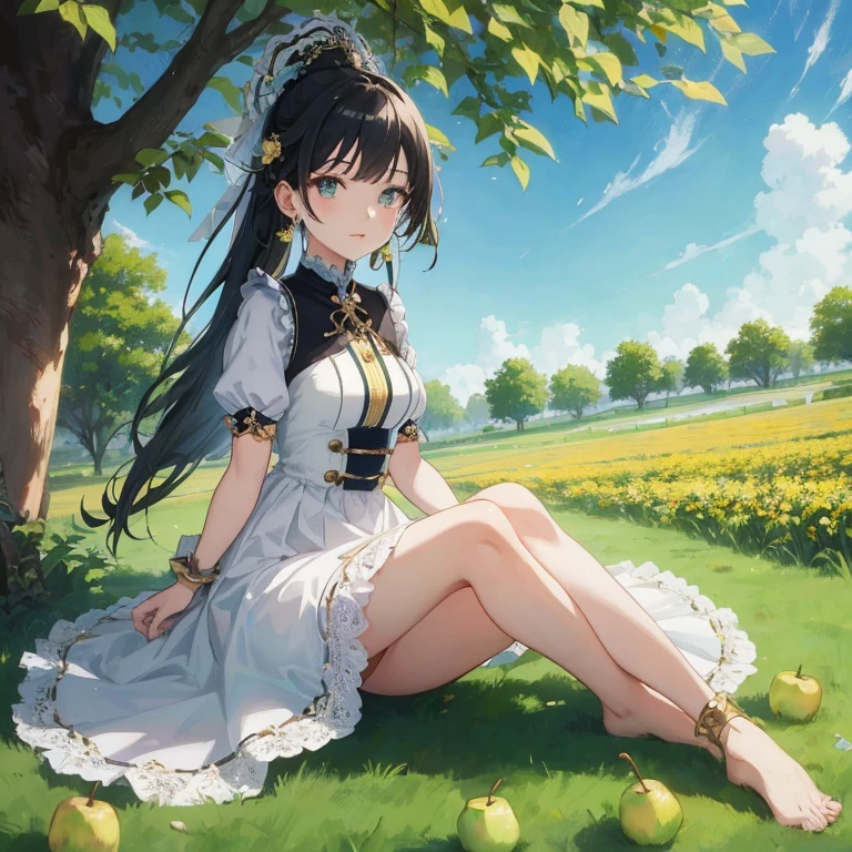 Anime girl sitting on the grass with an apple in front of her, Cute anime waifu in a nice dress, guweiz, artwork in the style of guweiz, guweiz on pixiv artstation, Smooth Anime CG Art, Beautiful anime girl, Anime visuals of cute girls, in dress, guweiz on artstation pixiv, Official art