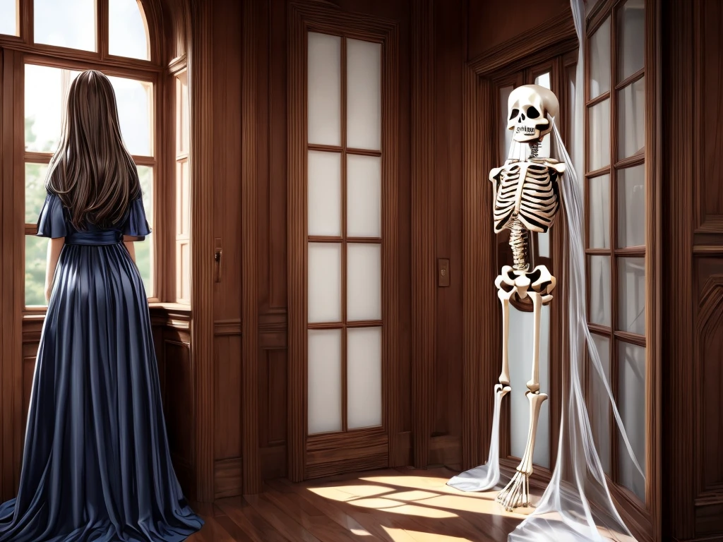 (highest quality、High resolution、masterpiece:1.2)、Super detailed、Real:1.37、Girl and((Skeleton))、fear、Scream、Haunted house