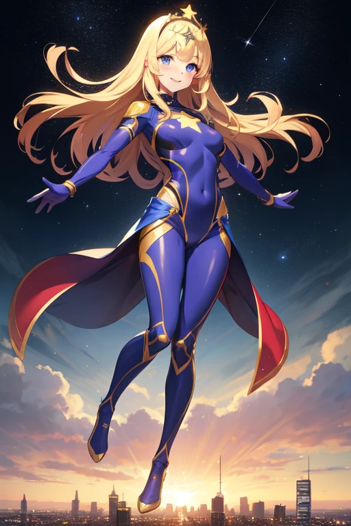 1 girl, full body, 19 years old, white skin, smiling face, masked face, blushing, blonde hair, straight hair, long hair, bangs, full body, superhero mask, purple mask, hands with stars, blue bracelets, purple gloves, superhero costume, superheroes, full body suit, purple, with a large yellow star in the center, star emblem, something tight, star-shaped tiara, blue eyes, medium breasts, slim body, outstretched arms, arms behind the waist, flying, city background, anime