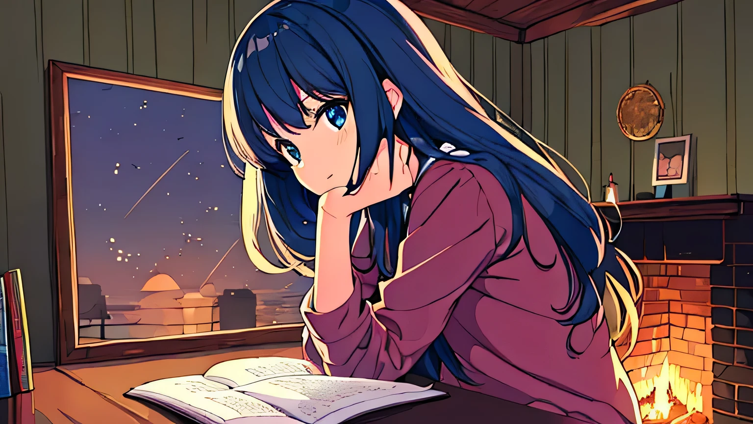 Anime girl sitting at a desk writing in front of a fireplace, cozy wallpaper, Anime Style 4k, Cozy environment, anime art wallpaper 4k, anime art wallpaper 4k, Cozy place, anime art wallpaper 8k, LOFI Girl, Nightcore, Cozy rooms, winter concept art, Digital anime illustration, Anime atmosphere, 4k anime wallpaper