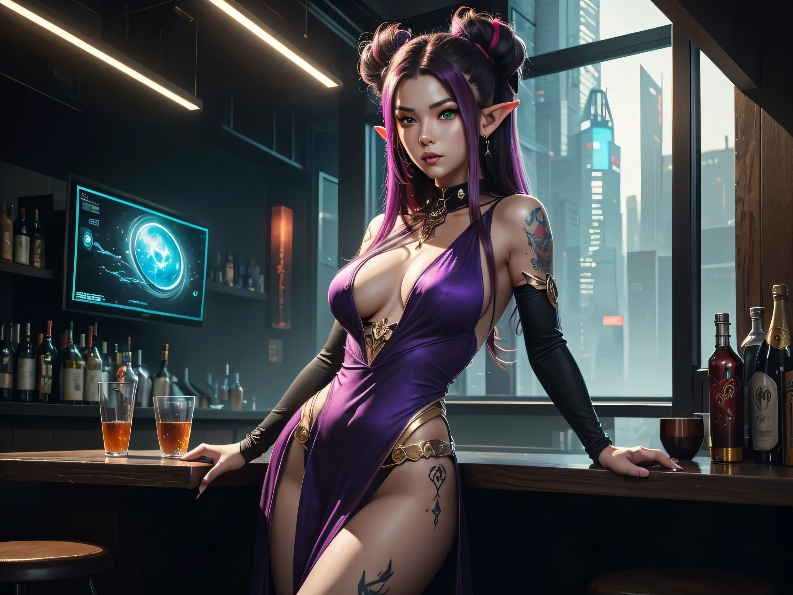 There is futuristic bar, near bar table stand elf female, she have a beautiful face with green eyes long pointy ears with lot of golden earring on them red eye shadows and lips, main colour of her hair is red with purple highlights lines, she dressed in sexy long shamanic dress, her body and arms covered with mislyc tatoo, behind her back there is wind spirit, (ultra high quality sifi fantasy art. cyberpunk fantasy style, masterpiece, ultra highquality character design, 8k quality anime art, top quality wallpaper illustration, detailed ultra high quality acurate face, highquality design and acurate physic )