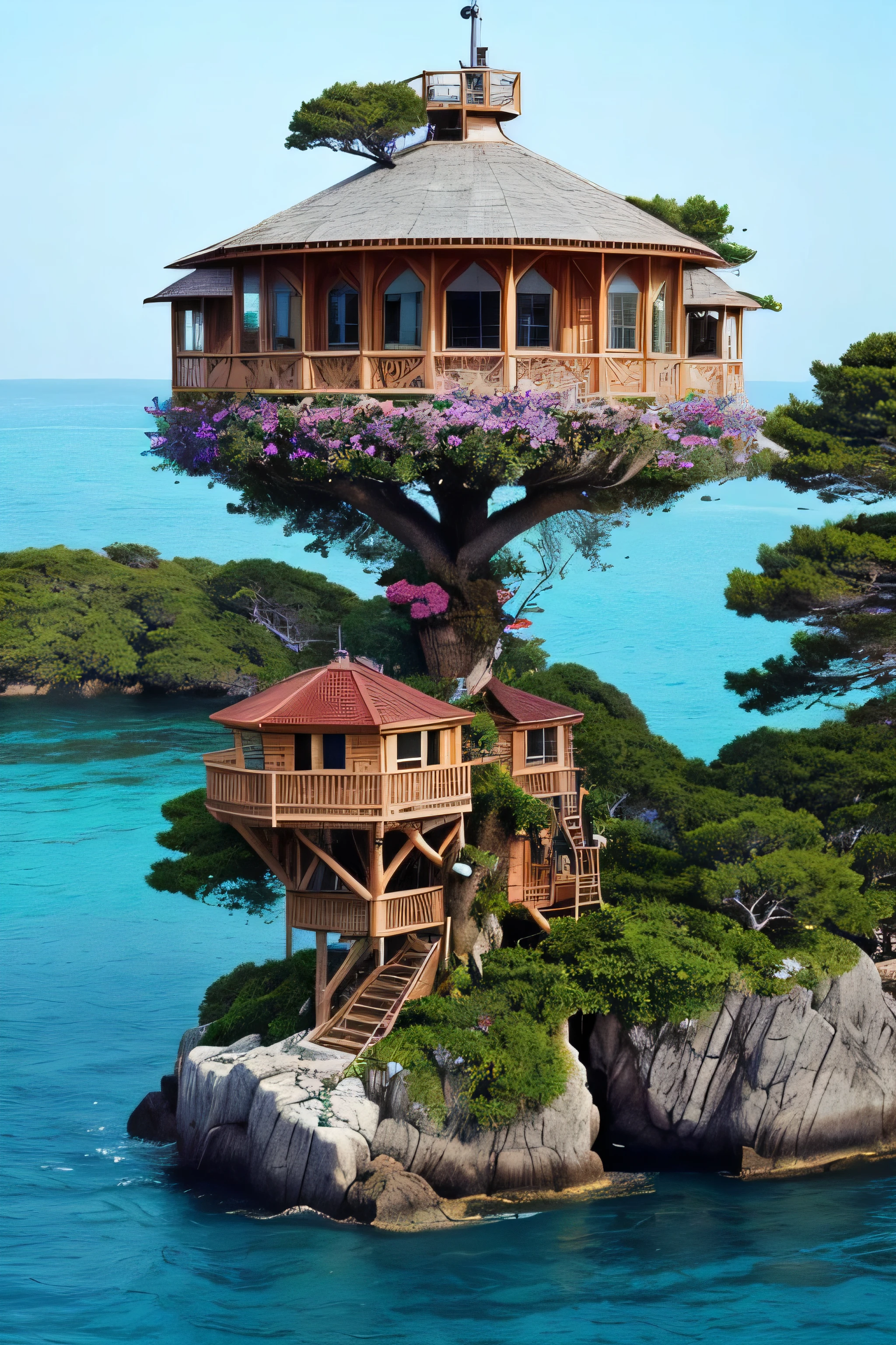 Perfection The Coolest tree house on a large rock in the middle of the sea with flowers in front of the house and trees on both sides of the house