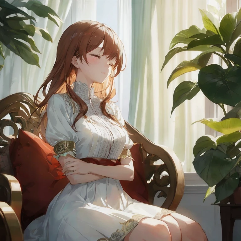 Anime girl sitting on a chair with her eyes closed, artwork in the style of guweiz, guweiz, Beautiful Anime Portrait, Smooth Anime CG Art, Relaxing environment, high quality portrait, lovely languid princess, Detailed Digital Anime Art, 8k high quality detailed art, Cute anime waifu in a nice dress, 4k anime wallpaper, relaxing concept art