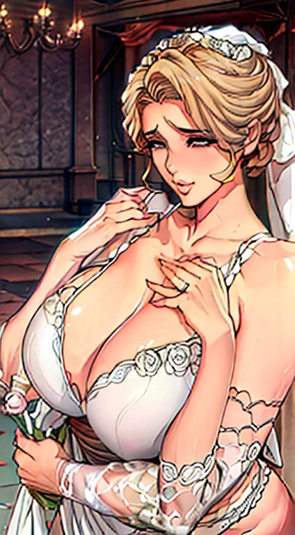(Mature female , Sagging breasts、Cleavage, cleveage, Curvy beauty, Perfect body,)Wedding dress,hall,Flying white doves,Holding a bouquet of roses,Holy