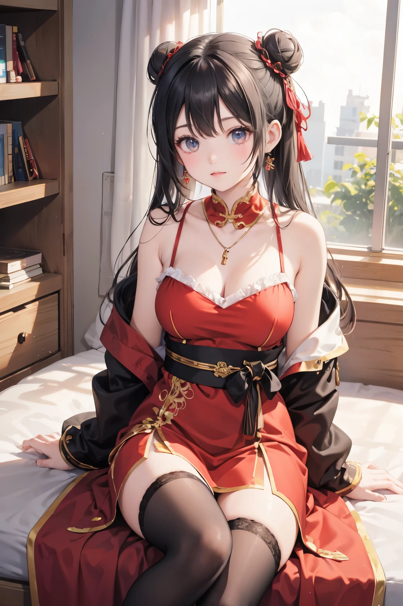 1girl, jewelry, dress, sitting, thighhighs, crossed legs, solo, earrings, red dress, long hair, necklace, bare shoulders, bracelet, hair bun, black hair, breasts, hair ornament, indoors, looking at viewer, window, black thighhighs, ribbon, sash, cleavage, chinese clothes