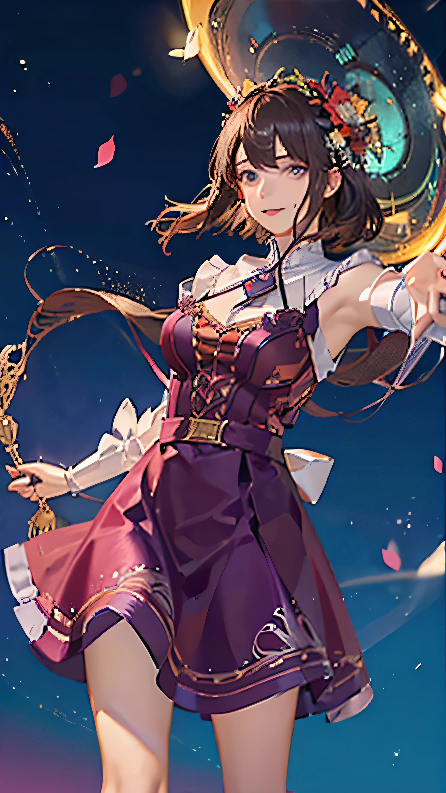 (highest quality, High resolution), Glowing Eyes, Delicate facial features, Vibrant colors, Dreamy atmosphere, Fantasy Theme, Floral Background, Graceful Movement, Detailed clothing, loose fitting dress, Elegant fashion, Magic lighting, Mysterious Aura, Heavenly Beauty, Magic thread, Whimsical elements,Big Breasts、Red attire、Colorful costumes、lingerie、Purple outfit