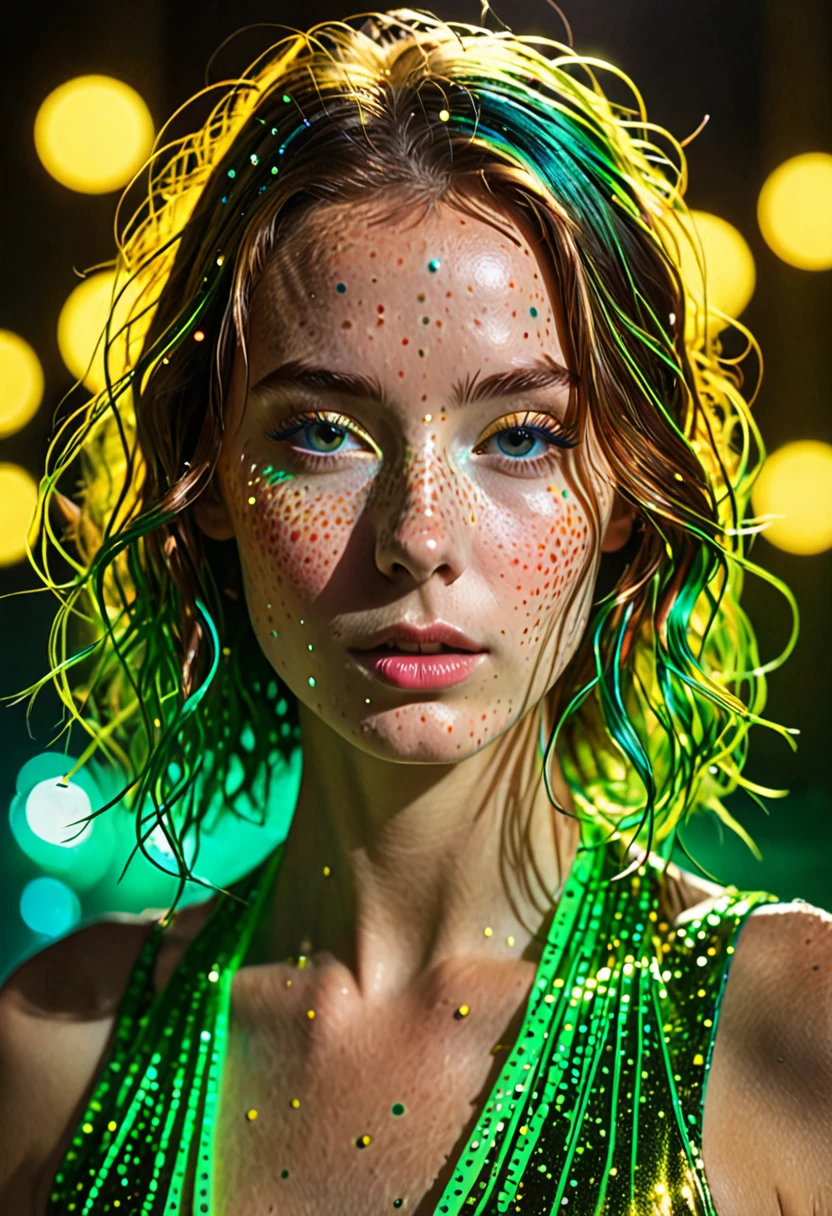 (((beautiful light particles, backlight, HDR. “((Long exposure photography)) high quality, highly detailed, (((image taken with wide-angle camera with f/1.2 aperture, very detailed skin texture, 1.4, light, intricate details, (((main scene (with high aperture value: f/32), Frontal portrait of an exuberant, colorful woman resembling an aquatic creature))) Fair skin, youthful features, eyes wide open and delicate freckles on the nose and cheeks; hair in shades of gold, green and red, vibrant and defying gravity. Small luminous particles floating around the head contribute to the surreal theme of mysterious contemplation, sharp lines, effect. Canon EOS R10+, artistic focus, soft lighting, depth of field effect, f2.35mm, grainy film, front shot, realism, front optical projection image, stereogram, atmospheric perspective, color field painting, conceptual art, social realism , modern and professional color grading, clean and sharp focus, film photography, film painting color field, conceptual art, social realism, modern, minimalism, romanticism, tonalism, action painting, depth of field, cinematic lighting, brightness, UHD, masterpiece, accurate, anatomically correct, award-winning, best quality, high resolution, 4K; in neon colors, official art, best quality, highly detailed, dynamic, shiny, metallic, energy waves, explosions, lights.” dimensional light, totally symmetrical, neon colors.”