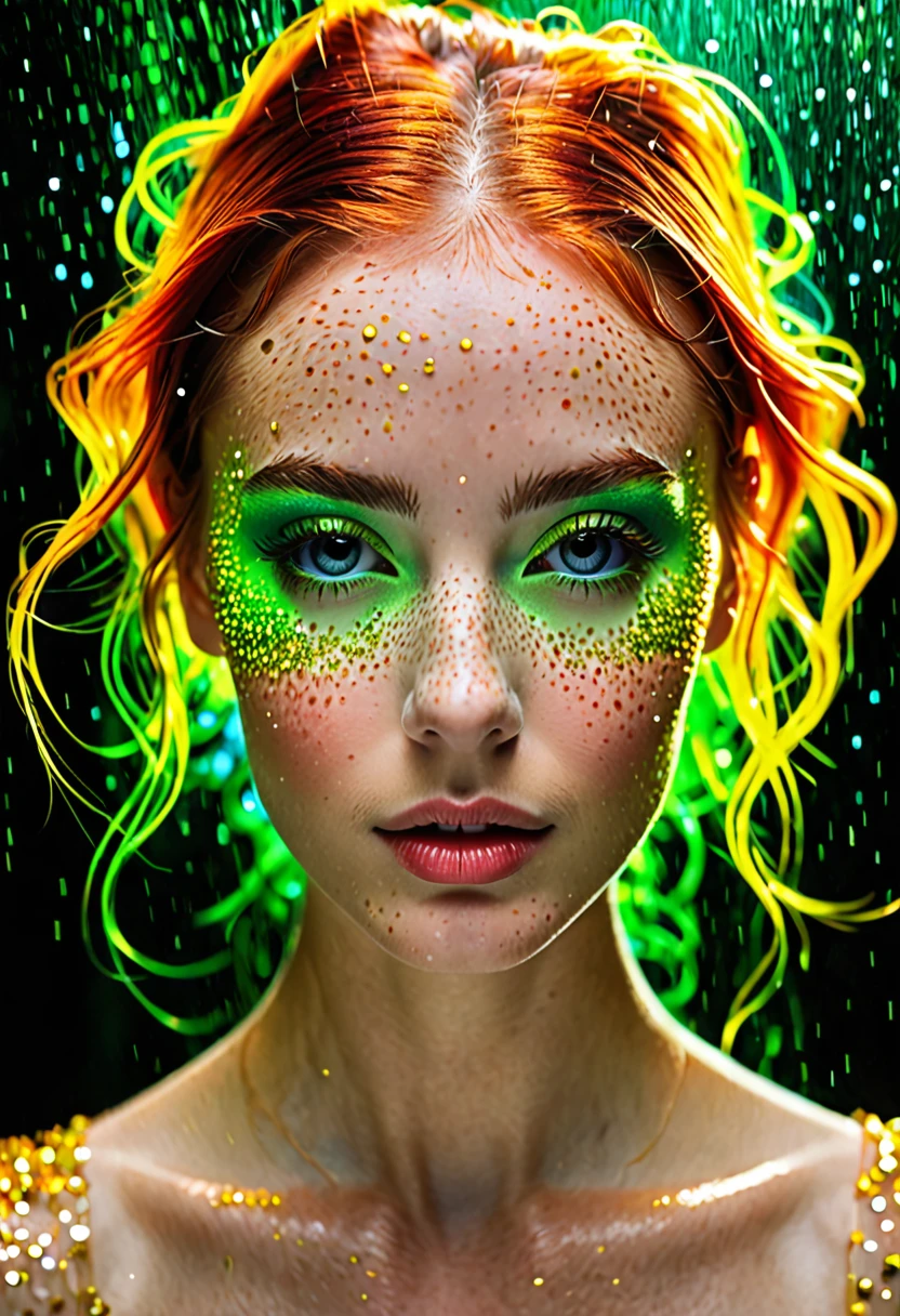 (((beautiful light particles, backlight, HDR. “((Long exposure photography)) high quality, highly detailed, (((image taken with wide-angle camera with f/1.2 aperture, very detailed skin texture, 1.4, light, intricate details, (((main scene (with high aperture value: f/32), Frontal portrait of an exuberant, colorful woman resembling an aquatic creature))) Fair skin, youthful features, eyes wide open and delicate freckles on the nose and cheeks; hair in shades of gold, green and red, vibrant and defying gravity. Small luminous particles floating around the head contribute to the surreal theme of mysterious contemplation, sharp lines, effect. Canon EOS R10+, artistic focus, soft lighting, depth of field effect, f2.35mm, grainy film, front shot, realism, front optical projection image, stereogram, atmospheric perspective, color field painting, conceptual art, social realism , modern and professional color grading, clean and sharp focus, film photography, film painting color field, conceptual art, social realism, modern, minimalism, romanticism, tonalism, action painting, depth of field, cinematic lighting, brightness, UHD, masterpiece, accurate, anatomically correct, award-winning, best quality, high resolution, 4K; in neon colors, official art, best quality, highly detailed, dynamic, shiny, metallic, energy waves, explosions, lights.” dimensional light, totally symmetrical, neon colors.”
