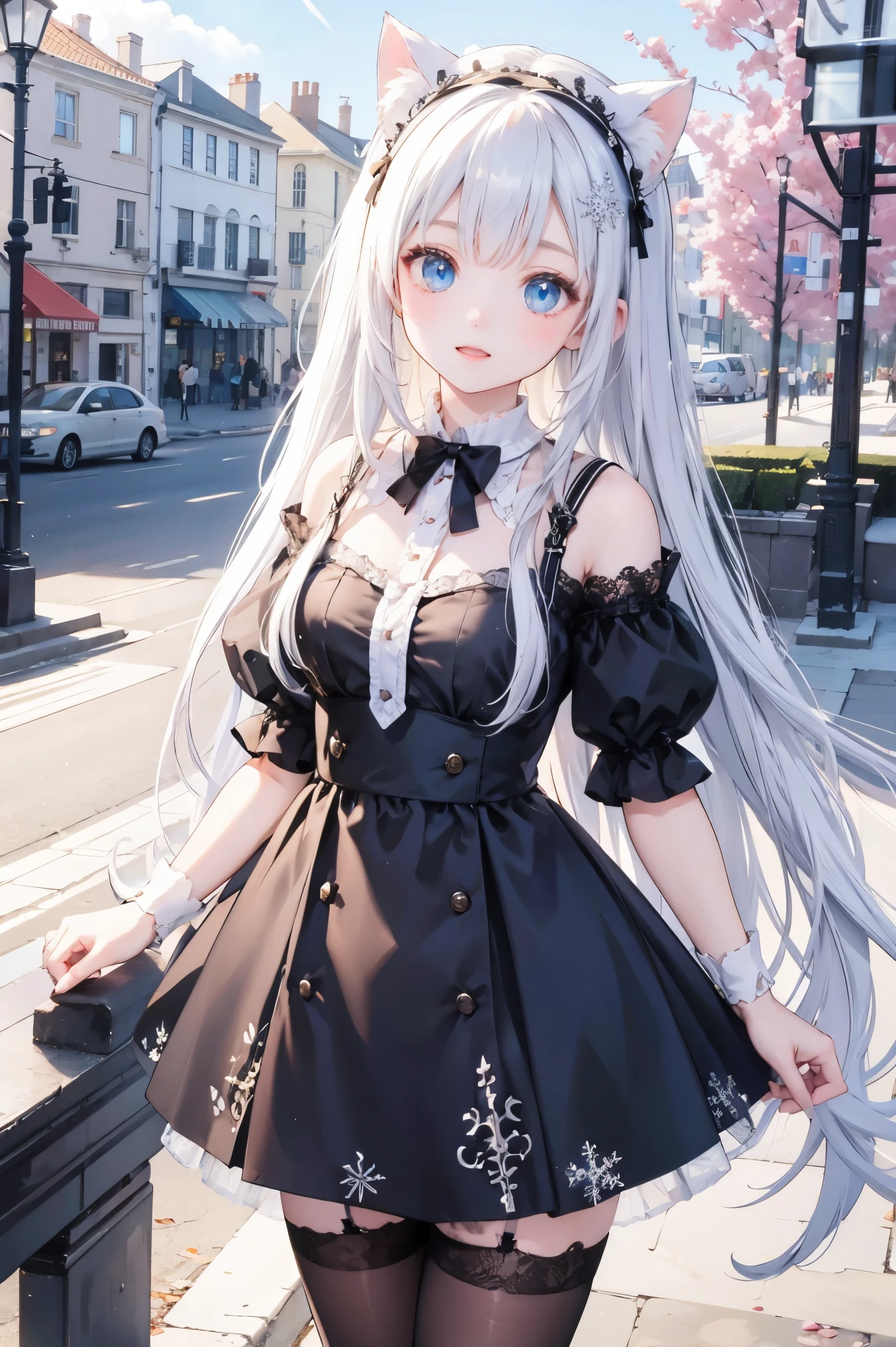 1 girl, Bangs,Black silk stockings,Lace,dress,outdoor,Snow Mountain,snowflake,Cat ears headdress