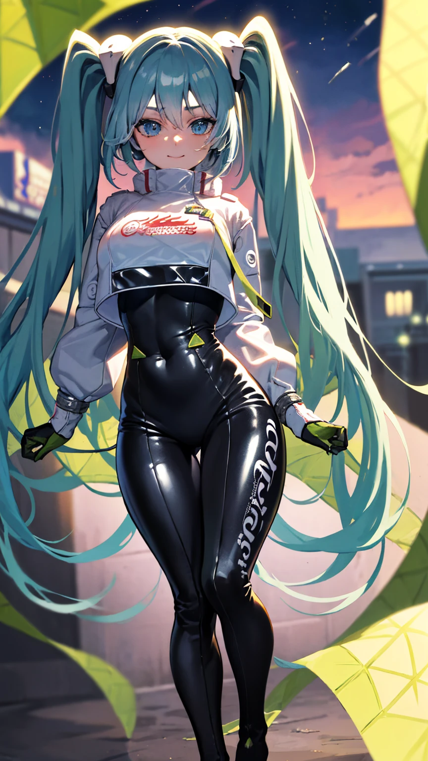 Cute pose, (masterpiece, highest quality), Backlight, Lens flare, Wide Shot, Fisheye Lens , (Face Focus, Depth of written boundary, close: 1.5), Super Detail, figure, colorful, (Fault Color: 1.3), (Immidshot: 1.3), video, Wide-angle, Upper Body, (((One girl))), miku hatsune, Spotless, Dark green hair, Twin tails, Very long hair, Put your arms behind your back, blue eyes, Glowing Eyes, Relaxed face, Eyebrow hair, Shiny Hair, Glowing Skin, A light smile, racing Miku, (Big Breasts), Black , Cropped jacket, White jacket, Long sleeve, Two-tone gloves, Thigh-high boots, bright, Beautiful detailed sky, city, street,