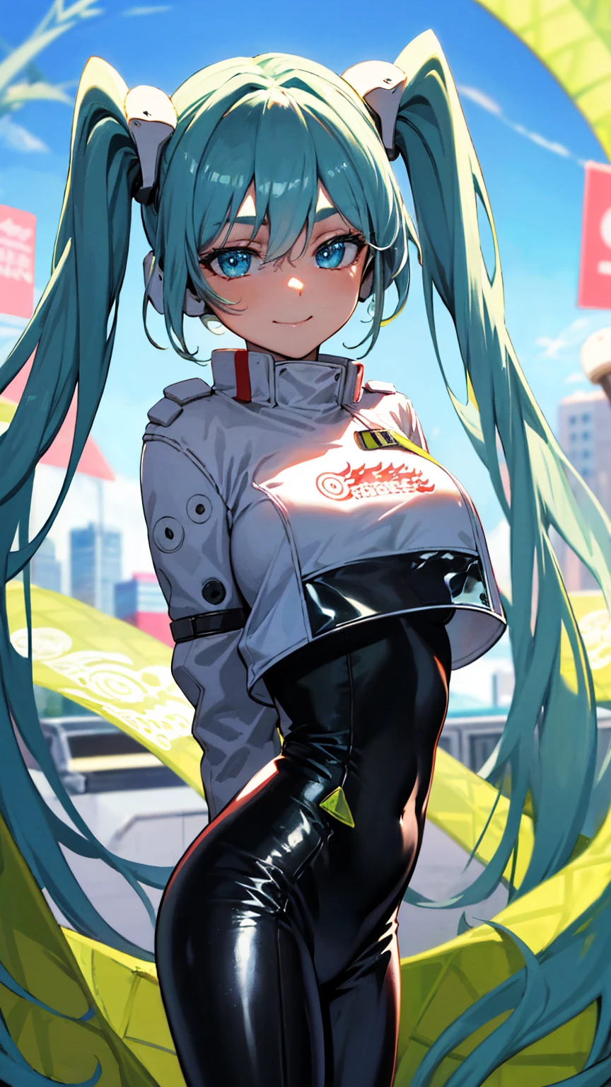 Cute pose, (masterpiece, highest quality), Backlight, Lens flare, Wide Shot, Fisheye Lens , (Face Focus, Depth of written boundary, close: 1.5), Super Detail, figure, colorful, (Fault Color: 1.3), (Immidshot: 1.3), video, Wide-angle, Upper Body, (((One girl))), miku hatsune, Spotless, Dark green hair, Twin tails, Very long hair, Put your arms behind your back, blue eyes, Glowing Eyes, Relaxed face, Eyebrow hair, Shiny Hair, Glowing Skin, A light smile, racing Miku, (Big Breasts), Black bodysuit, Cropped jacket, White jacket, Long sleeve, Two-tone gloves, Thigh-high boots, bright, Beautiful detailed sky, city, street,