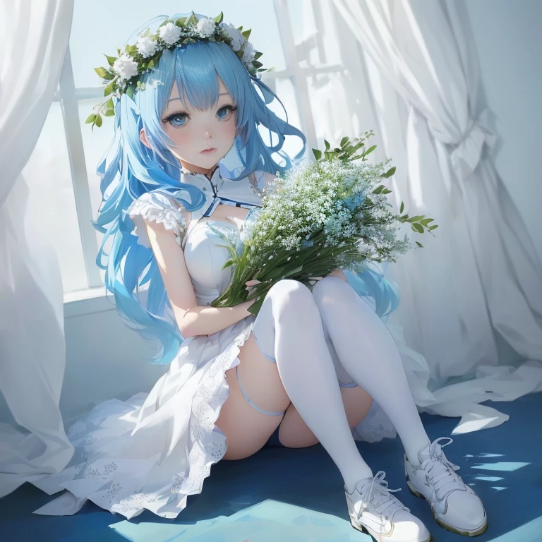 anime girl with blue hair and white dress sitting on a blue floor, in dress, guweiz on pixiv artstation, mikudayo, guweiz on artstation pixiv, guweiz, anime art wallpaper 8 k, anime art wallpaper 4 k, anime art wallpaper 4k, anime style 4 k, 4k anime wallpaper