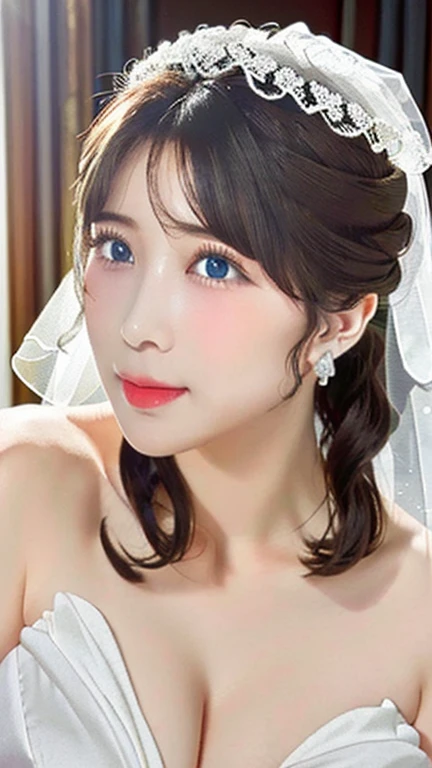 (masterpiece:1.3, Top quality, Ultra-high resolution, Super detailed), (Practical, photoPractical:1.4), Nice illustration, (Natural side light, Movie Lighting), Depth of Field,
Looking at the audience, Bust photo(Mature female , Large Breasts,Sagging breasts、Cleavage, cleveage、Thick thighs, Wide hips, Curvy beauty, Perfect body), 1 girl, 16 years old, Perfect face, (Perfect anatomical structure), Cute and symmetrical face, baby face, Glowing skin, slim
(Long hair:1.8, Straight Hair:1.2, Silver Hair), Hair covering one eye, Purple Eyes, Pink lips, Eyelash extension, (Large Breasts:1.3),
beautiful hair, Pretty Face, Beautiful and delicate eyes, Beautiful clavicle, Beautiful Body, Beautiful breasts, Beautiful thighs, Beautiful legs, Beautiful fingers,
Detailed fabric texture, Wedding princess dress, Flower head, Headdress, (Strapless wedding dress:1.5), (Silk dress:1.2), (Strapless Wedding Dress:1.5),
Plain white dress, necklace, earrings, cleveage, bouquet, (Lace gloves:1.2), (Wedding Veil:1.2), (Short transparent veil:1.2),
(Beautiful scenery), night, crystal clear sunlight, (church, Multicolored Glass) walk, (a happy expression, blush),