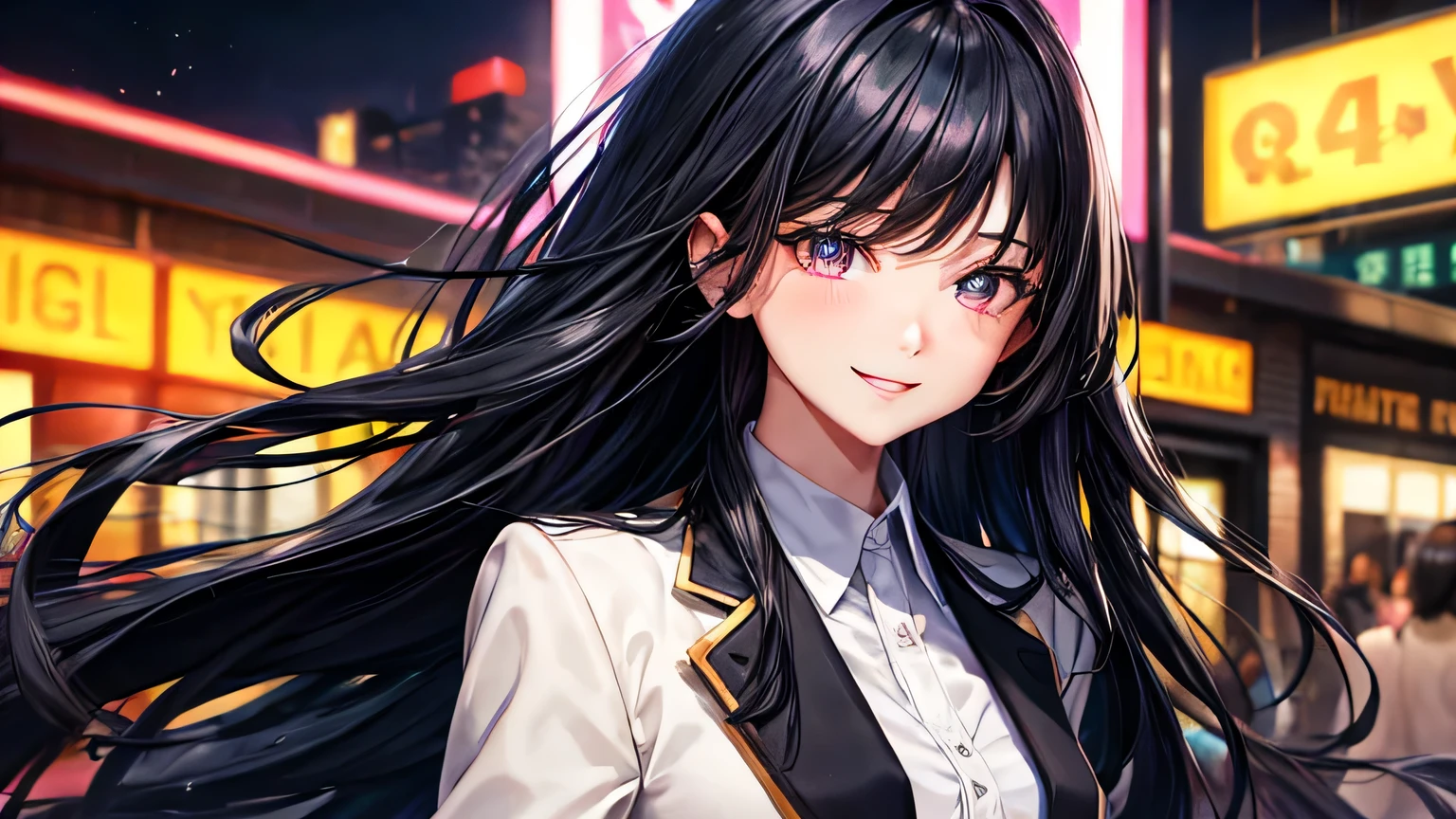 woman 1 person High school girls Black Hair Long Hair blazer A big smile High quality, high definition and detailed facial expressions High quality, high definition and delicate hair High quality, high resolution and delicate eyes bustling street neon midnight