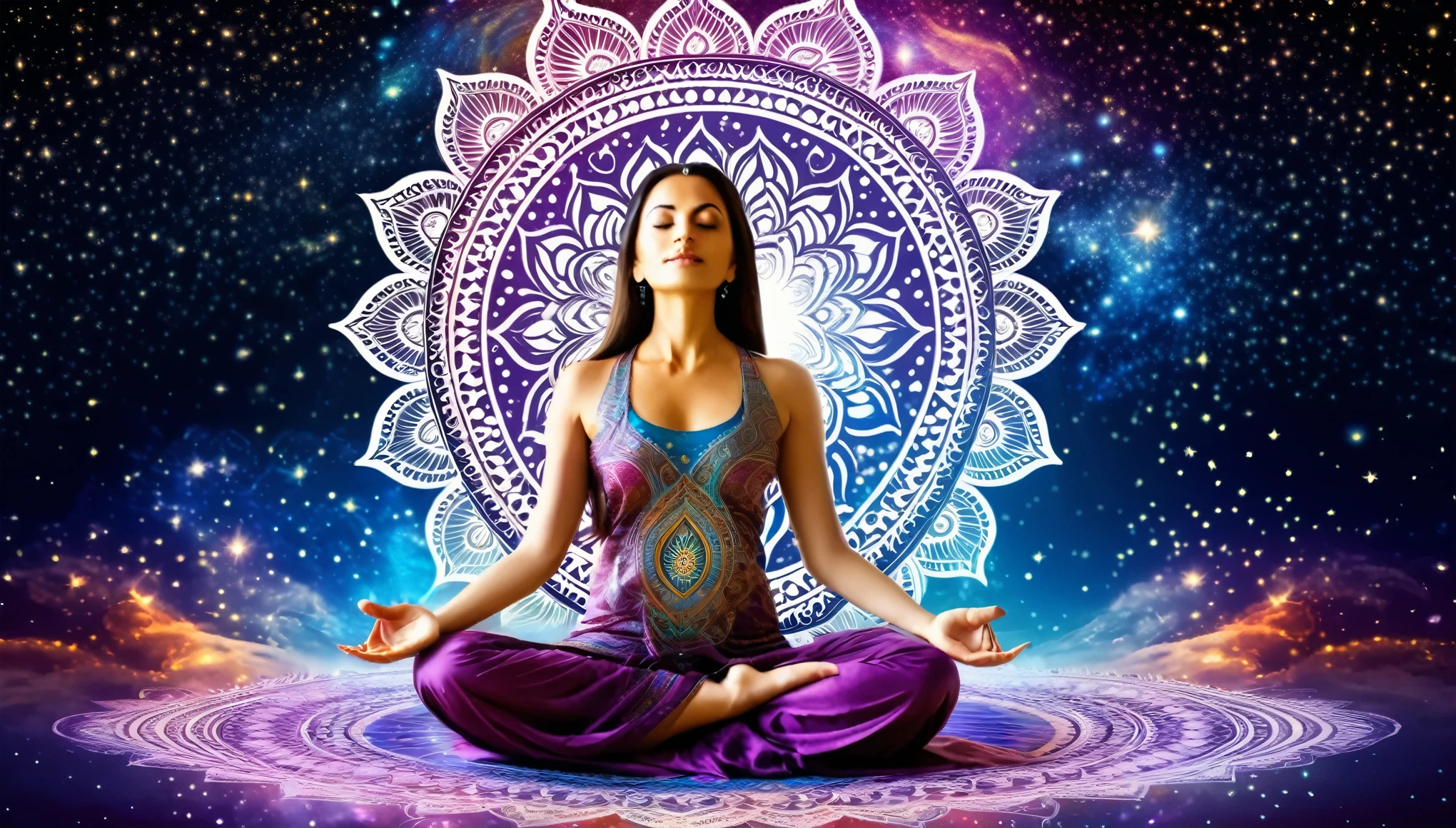 a beautiful woman, with her legs crossed in meditation position(lotus), she is floating in the beautiful and vast universe, with many mandalas, divine and celestial lights, she is reaching nirvana