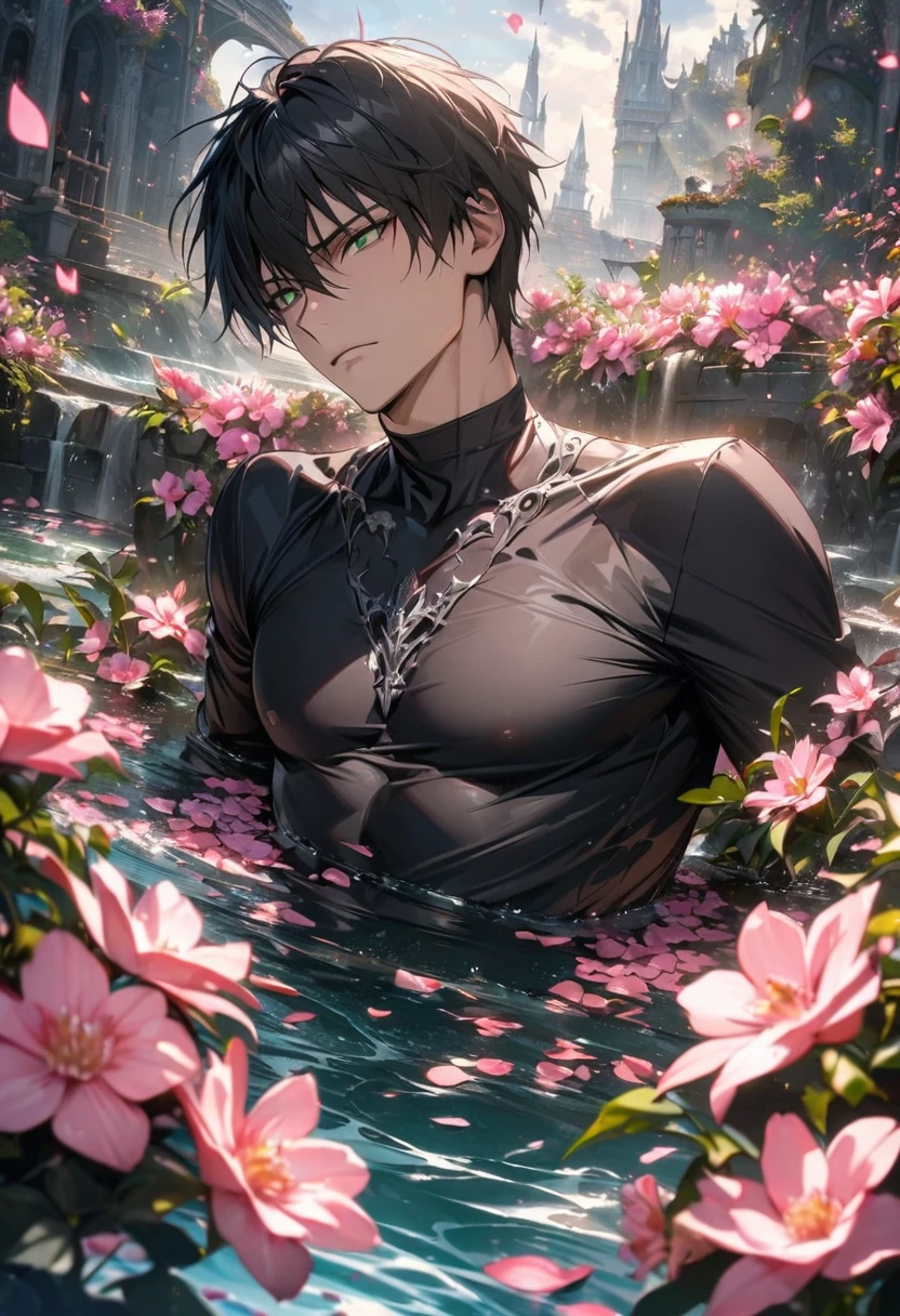 Ultra detailed, Highres, HDR, absurdres, Nicholas D Wolfwood, black straight hair with bangs, expressive green eyes, Trigun, sexy man, handsome, solo, extremely detailed face and eyes, petals, pink flowers, master piece, pink butterflies, best quality, high quality, black tight shirt, water