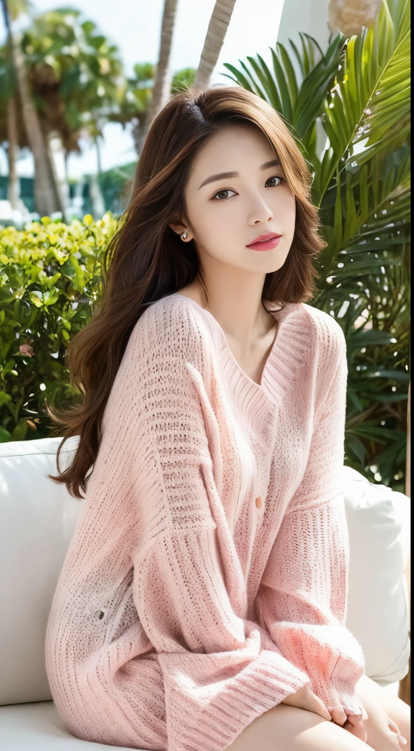 Cinematic photo, 1 beauty: 1.2, pale pink sweater, long brown hair, super detailed face, sitting on white sofa, background: sea resort, outdoor, sunlight, camera gaze