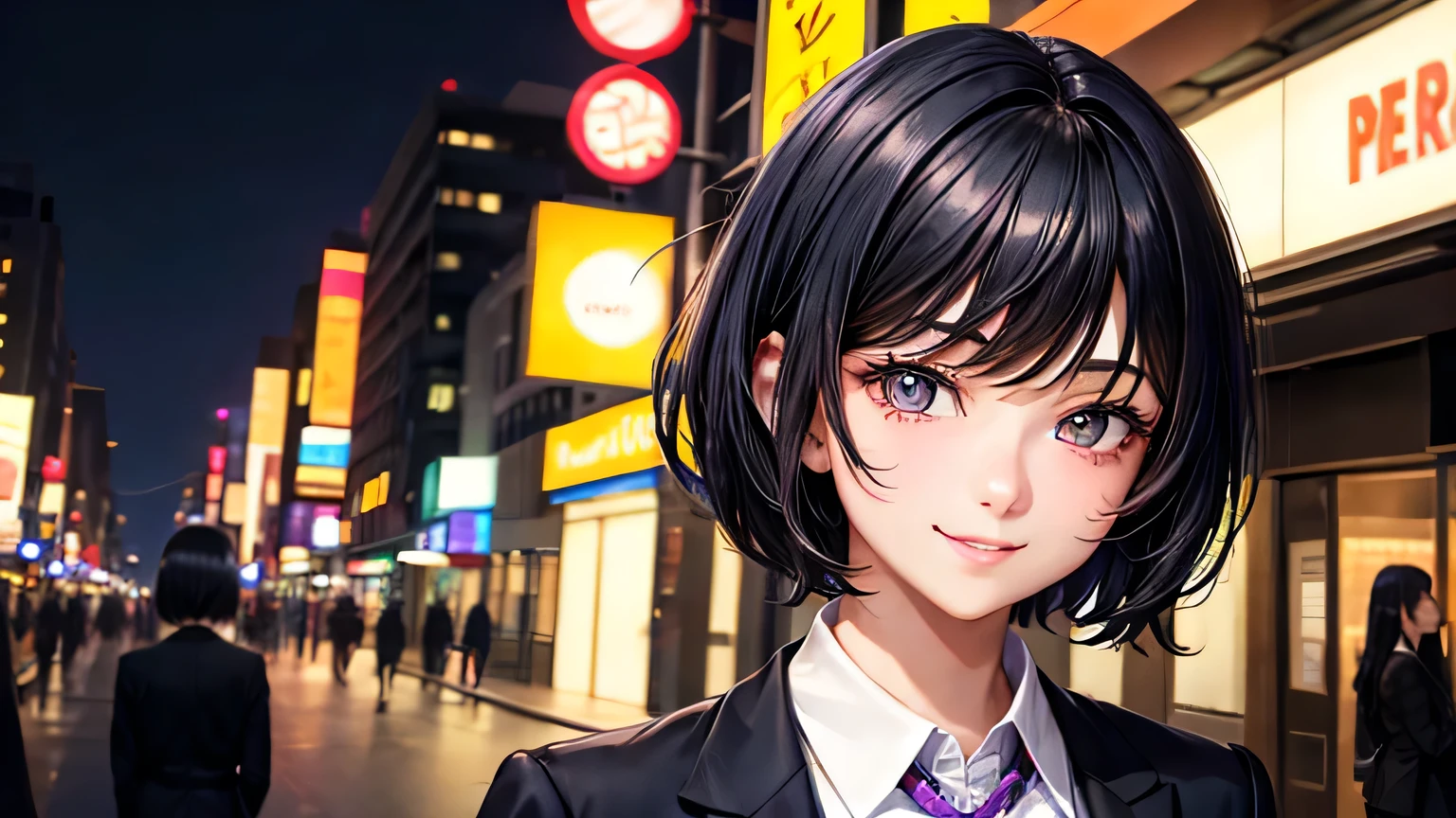 woman 1 person High school girls Black Hair Very Short Hair blazer A big smile High quality, high definition and detailed facial expressions High quality, high definition and delicate hair High quality, high resolution and delicate eyes bustling street neon midnight