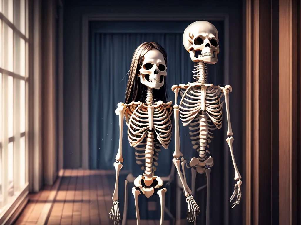 (highest quality、High resolution、masterpiece:1.2)、Super detailed、Real:1.37、((Skeleton))A girl being chased by、fear、Scream、Haunted house