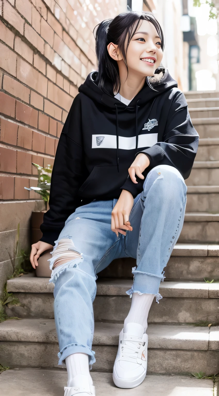 highest quality, Realistic, Very detailed, Finer details, High resolution, 8k wallpaper, One beautiful woman,Sit on the stairs、（Wear black socks）smile、（Beautiful teeth alignment、）（Gums are visible） Oversized hoodie, Skinny jeans,（ Black sneakers）、Black Hair、 Beautiful Bangs、ear piercing、Perfect dynamic composition, Beautiful and detailed, Full Body Shot, A big smile Wearing colorful socks