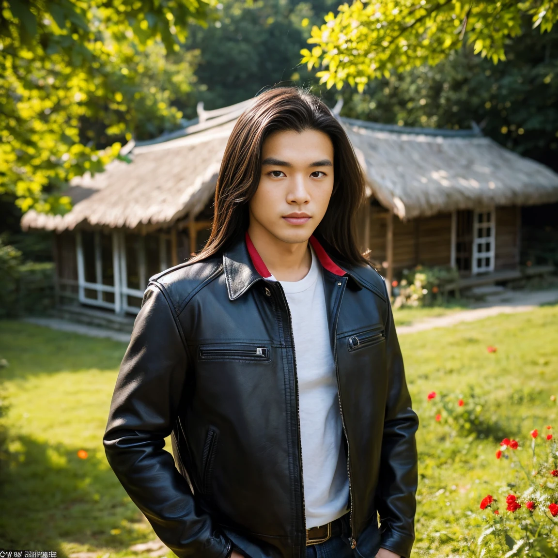 Young Asian man, 25 years old,) Have a strong body, have a strong, strong body., His long hair flowed up.,) Bright black, red, dark green leather jacket.,) very handsome,) ,Jeans) Album cover image by In the countryside there are old, thatched huts., There are red flowers around.,) best quality, 10, height:1.2), 8K Special Details, (realistic:1.37), Portrait, Full body, Posing from different angles,, bright colors, Warm light, shot with a high quality camera 45,000,000,000,Pixels,